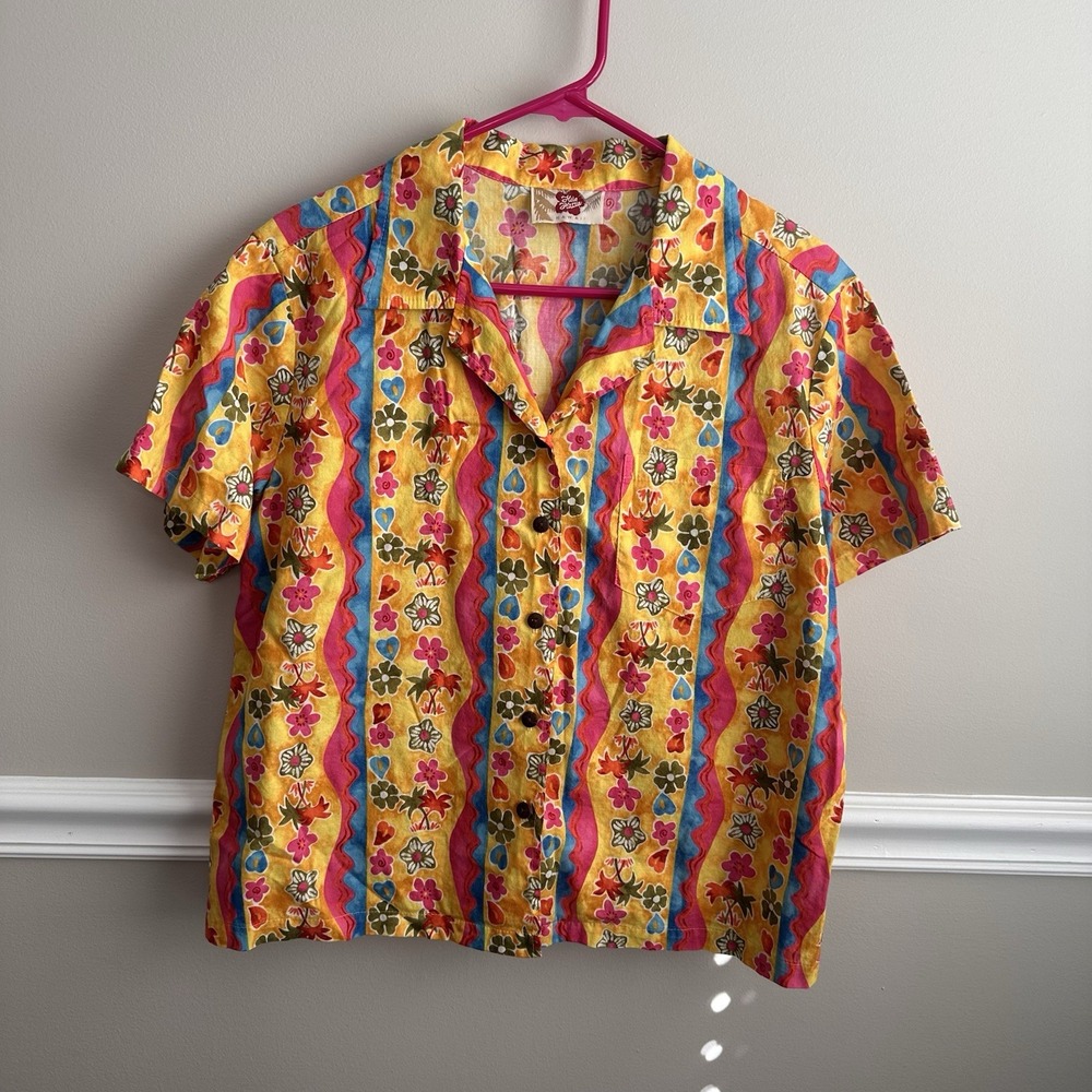VTG Hilo Hattie Hawaiian Camp Button Shirt Womens L Yellow Tropical USA Floral